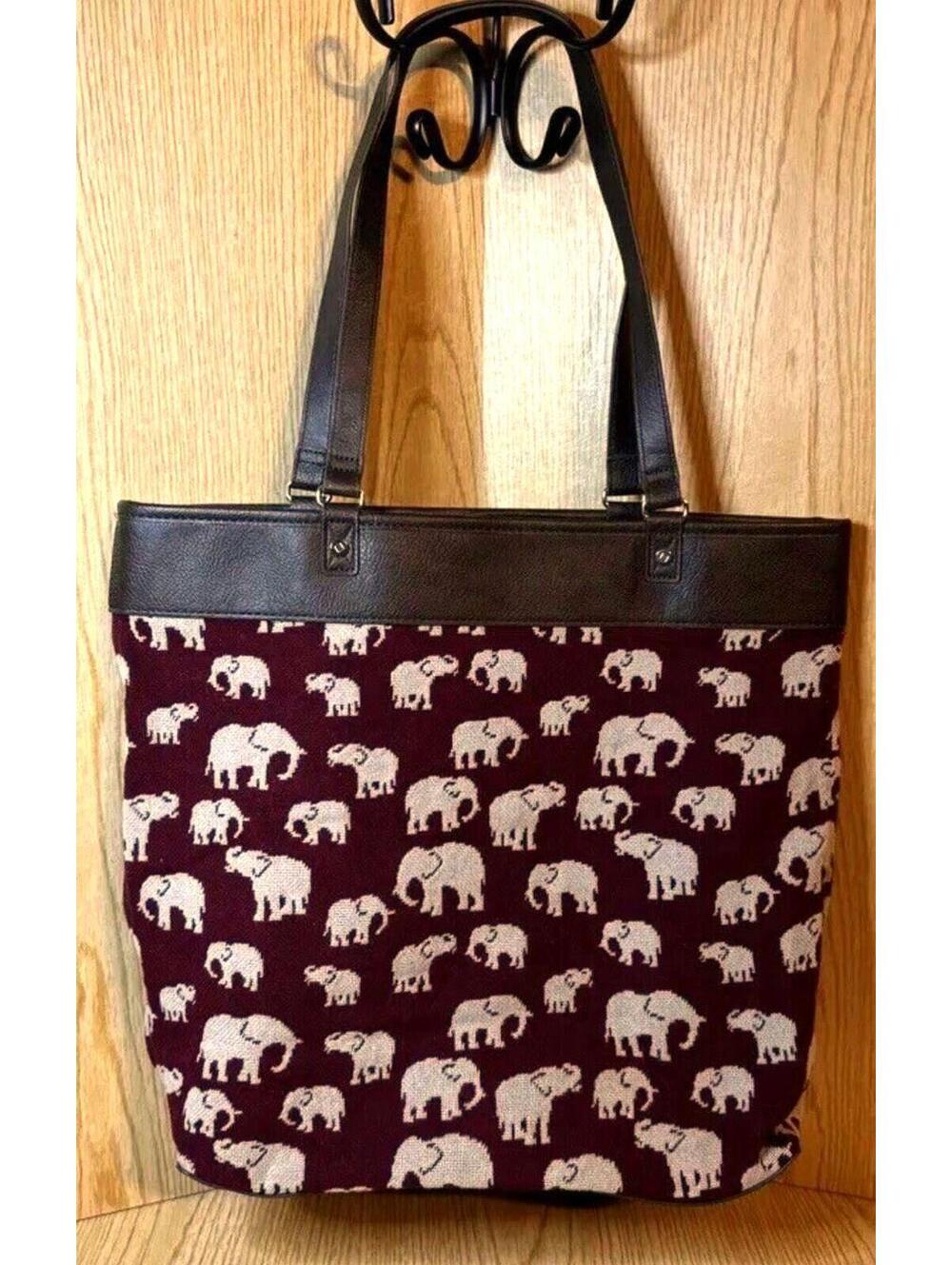 Thirty-One JEWELL Elephant Print Shoulder Bag Purse Tote Burgundy White Women’s